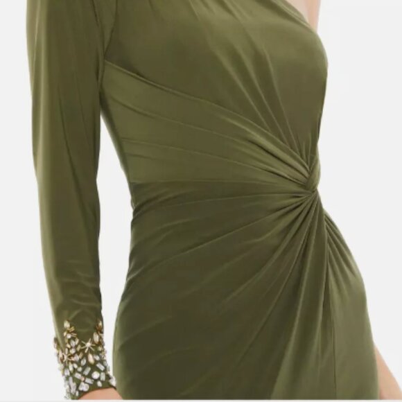 MAC DUGGAL 55696 ONE SLEEVE BEADED CUFF SIDE TWIST THIGH SLIT OLIVE GOWN sz 16 - Picture 2 of 6